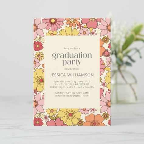 Retro Pink Yellow Floral Groovy Graduation Party Summer Party Fun - spring summer, flower flowers floral botanical, retro vintage cottagecore, boho chic, pink orange yellow, groovy 60s 70s pattern, fun, cool trendy girly design, grad graduate graduation party invite, college high school class 2022 High School Graduation Party Invitations, Grad Party Theme, Floral Graduation Party, Grad Party Invitations, Vintage Graduation, Graduation Invitations High School, Grad Invitations, Graduation Party Invitation, Girly Design