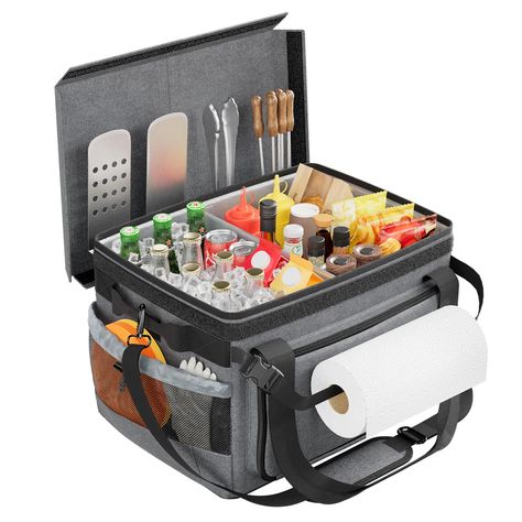 PRICES MAY VARY. Innovative BBQ Caddy with Lid：The creative removable lid of the grill caddy enhances freshness, warmth or cooling for your convenience. Secure storage during transportation or carry-on. The cover can also be removed separately when you don't need it Resistant Superior Quality: Constructed from thick, waterproof Oxford fabric, our grill caddy for outdoor grill withstands varied weather conditions. It includes food-grade aluminum foil lining for easy clean, ensuring long-lasting o Bbq Tool Storage Ideas, Bbq Tools Storage, Grill Caddy, Bbq Caddy, Grill Accessories Storage, Grilling Essentials, Kitchen Accessories Storage, Accessory Storage, Barbecue Tools