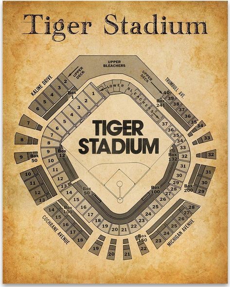 Amazon.com: Detroit Old Tiger Stadium Seating Chart - 11x14 Unframed Art Print - Great Sports Bar Decor and Gift Under $15 for Baseball Fans : Handmade Products Man Cave Barn, Sports Bar Decor, Baseball Room Decor, Baseball Wall Decor, Stadium Seating, Tiger Stadium, Baseball Wall, Baseball Room, Baseball Decor