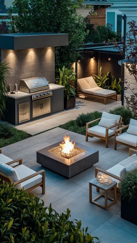 Modern Garden Seating Area, Pergola Interior Design, Backyard Patio Designs Modern, Backyard Bbq Landscape Ideas, Garden Fire Pit Area, Modern Outdoor Entertaining Area, Modern Backyard Fire Pit, Modern Bbq Area Outdoor, Villa Backyard Design