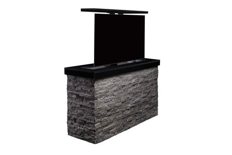 Outdoor TV Lift Cabinet. A stylish, best in class furniture construction Stacked stone ledge stone piece TV cabinet. Diy Tv Lift Cabinet, Outdoor Hidden Tv, Backyard Tv, Outdoor Tv Stand, Furniture Island, Hidden Tv Cabinet, Patio Tv, Tv Stand Plans, Outdoor Tv Cabinet