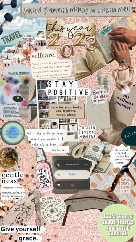 #2023visionboard #2023dreams #visionboard #staypositive #2023dreamboard #god #selfcare #travel #meditate Dreamboard Visionboard, Board Collage, Vision Board Collage, College Vision Board, Quiet Moments, Dream Board, Staying Positive, Slow Down, Connect With People