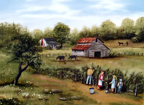 Folk Art Print, Art Prints Children, Picking Blackberries, Country Folk Art, Folk Artwork, Realism Art, Barn Farm House, Summer, Arie Taylor by jagartist on Etsy Picking Blackberries, Folk Art Prints, Blackberry Picking, Primitive Painting, 3 Canvas Art, Country Barn, American Folk Art, Google Lens, Landscape Scenery