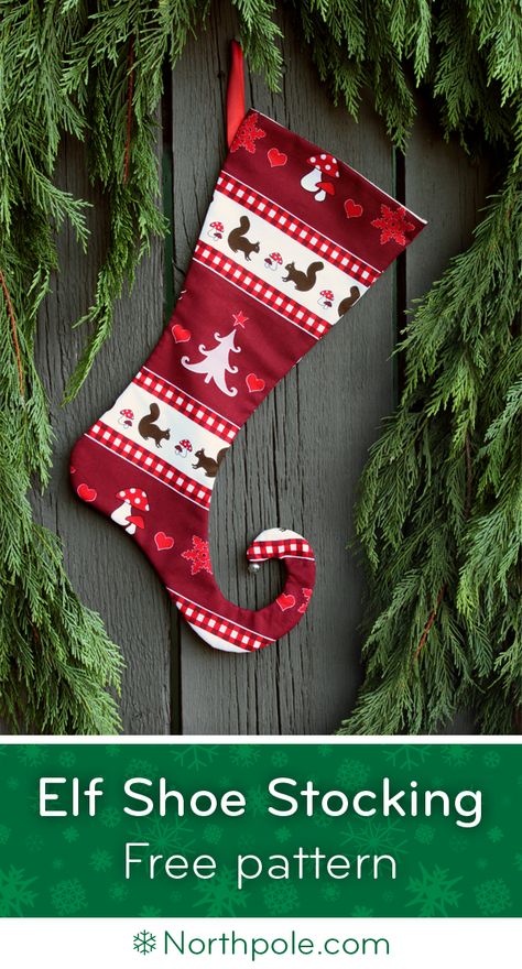 Get the free pattern and you can sew this Elf Shoe Stocking for everyone in your family! Get the free pattern and follow the tutorial in the Northpole.com Craft Cottage. Grinch Stocking Pattern, Elf Stocking Pattern Free, Xmas Stockings Pattern, Stocking Pattern Free Templates, Elf Stocking Pattern, Christmas Sticking, Christmas Stocking Template, Christmas Stocking Pattern Free, Christmas Stocking Tutorial