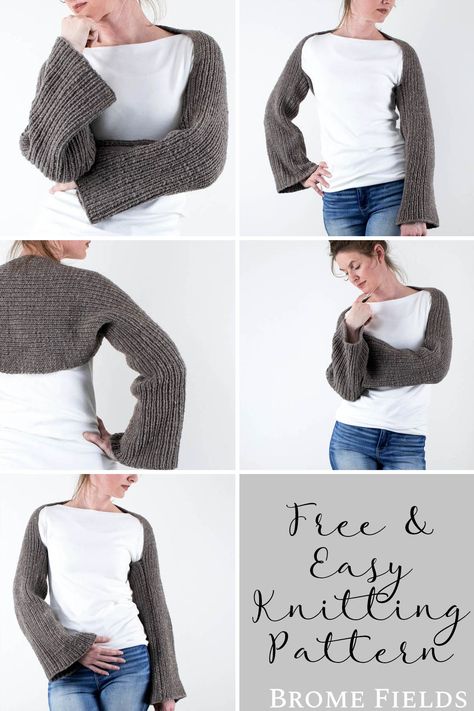 multiple pics of a model wearing a wool ribbed crop shrug Knitted Shrug Pattern, Knit Shrug Pattern Free, Knitted Shrugs Free Patterns, Knit Shrug Pattern, Knit Shrugs, Knitting Styles, Knitting Pattern Beginner, Crochet Shrug Pattern Free, Crop Shrug