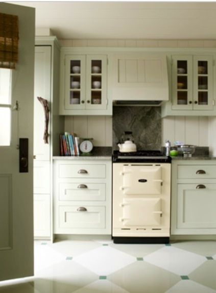 Benjamin Moore Vale Mist (Cabinets) Light Green Kitchen, Nantucket Cottage, Painted Wood Floors, Green Kitchen Cabinets, Cottage Kitchens, Morning Dew, Cottage Design, Cottage Kitchen, Kitchen Cabinetry