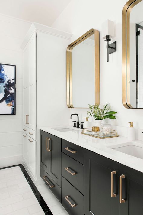 Black Cabinets Bathroom, Painting Bathroom Cabinets, Black And Gold Bathroom, Timeless Bathroom, Bad Inspiration, Master Bath Remodel, Gorgeous Bathroom, Bathroom Remodel Designs, Bathroom Remodel Shower