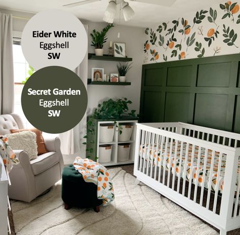 Orange Green Nursery, Orange Theme Nursery, Clementine Baby Nursery, Orange Nursery Ideas, Green Nursery Paint Colors, Green And Orange Nursery, Peaches Nursery, Green And Yellow Nursery, Clementine Nursery