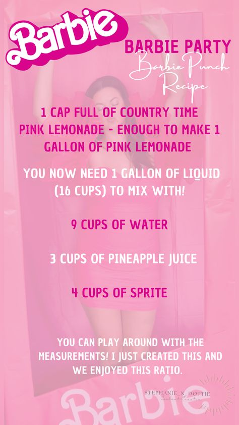 Recipe for a Pink Lemonade Punch for a Pink party or Barbie Party. Countrytime lemonade. Non alcoholic recipe. Barbie Birthday Party Drinks, Barbie Party Activities For Adults, Barbie Movie Viewing Party, Alcholic Drink Aesthetic Pink, Mocktails Girly, Barbie Punch Alcohol, Malibu Barbie Cocktail, Barbie Themed Alcoholic Drinks, Barbie Party Drinks