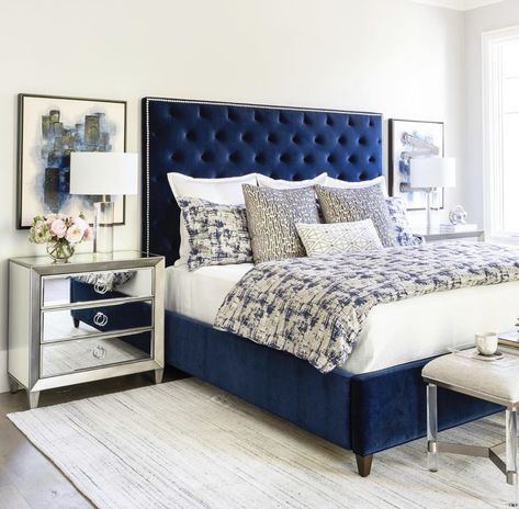 Royal Blue Bedrooms, Blue Headboard, Blue Bed, Interior Design Career, Luxe Bedroom, Blue Bedroom Decor, Velvet Headboard, Interior Decorating Styles, Comfortable Room