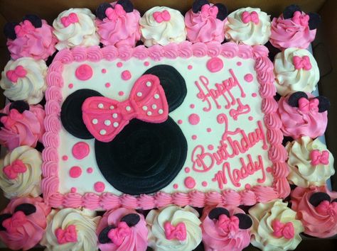 Minnie Mouse Sheet Cake, Minnie Mouse Cupcake Cake, Minnie Mouse Cake Design, Mini Mouse Birthday Cake, Half Sheet Cake, Rectangle Cake, Minnie Mouse Birthday Party Decorations, Bolo Minnie, Minnie Mouse Cupcakes