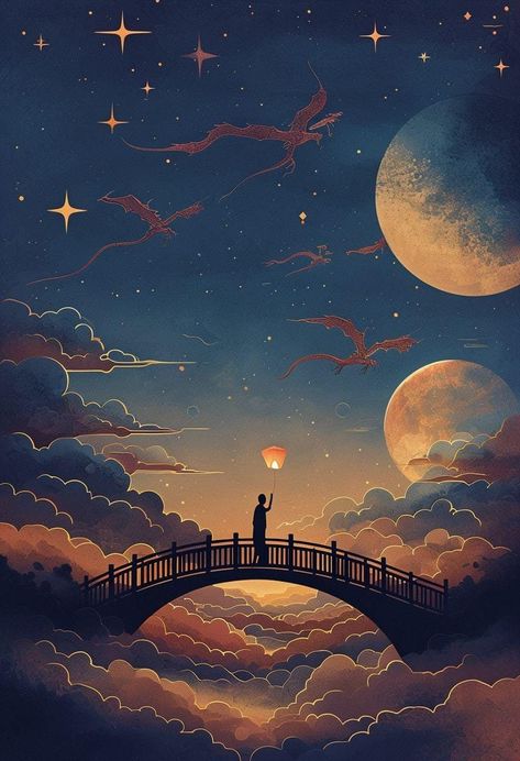 Poster print of a night sky filled with stars, dragons, and a figure holding a lantern on a bridge. Ideal for fans of fantasy and bold, imaginative art. Night Fantasy Art, Lanterns Aesthetic, Space Dragon Wallpaper, Mystical Night Sky, Glowing Dragon Art, Star Dragon Fantasy Art, Celestial Dragons, Glowing Lantern, Lantern Aesthetic