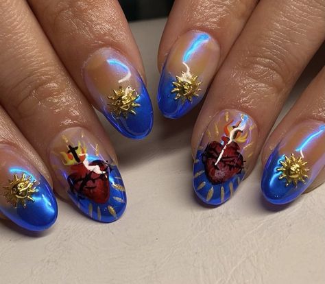 90s Whimsigoth Nails, Whimsigoth Nail Art, Mexican Sacred Heart Nails, Tarot Inspired Nails, Acrylic Nails Astrology, Tarot Nail Designs, Baroque Nail Art, Whimsigoth Nails, Graphic Nail Designs