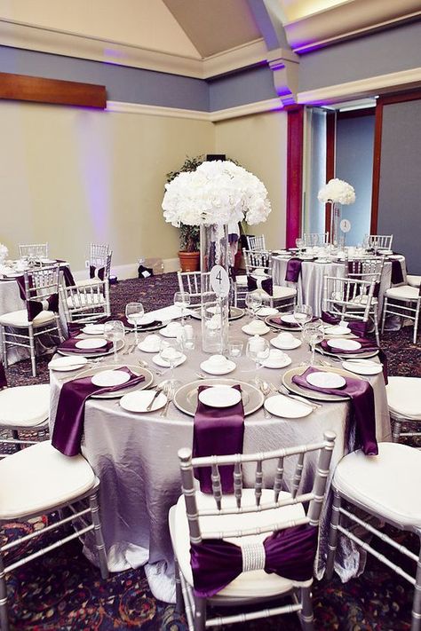 Top Purple Color Combos for Your Quinceanera - Quinceanera Plum Purple Wedding, Purple And Silver Wedding, Silver Centerpiece, Purple Table, Plum Wedding, Reception Centerpieces, Fusion Wedding, Wedding Table Decorations, Table Cloths