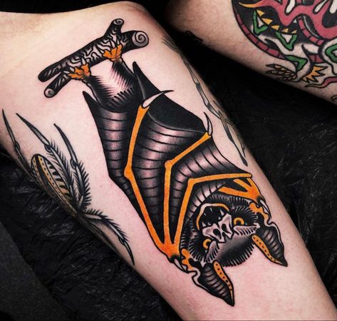 Upside Down Bat Tattoo, Upside Down Bat, Traditional Tattoo Old School, Traditional Tattoo Inspiration, Traditional Style Tattoo, Geometric Tattoo Arm, Bat Tattoo, I Will Be Back, Traditional Tattoo Sleeve