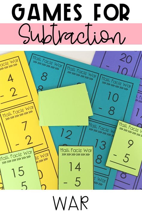 games for subtraction Subtraction Games First Grade, Math Fact Games, Kindergarten Addition, Subtraction Strategies, Subtraction Games, Addition Kindergarten, Math Subtraction, Subtraction Practice, Math Fact Fluency