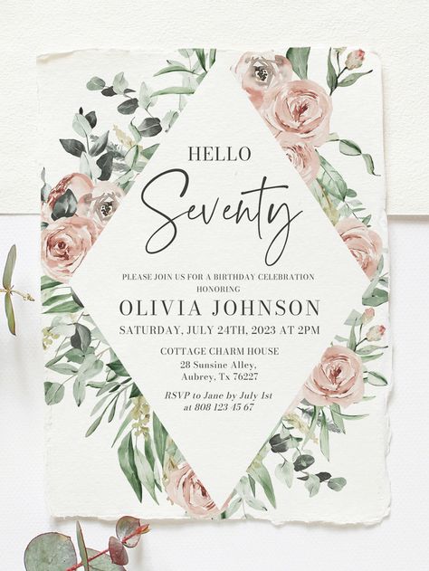 70th Birthday Invitation Template Any Age Birthday Party Invitation Editable Floral Blush Greenery Birthday Invite Women birthday Seventy 1 Birthday Invitation, Greenery Birthday, 80th Birthday Party Decorations, Elegant Birthday Invitations, 70th Birthday Decorations, 70th Birthday Invitations, Bday Invitations, 60th Birthday Invitations, 50th Birthday Invitations