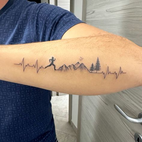 Hiking Related Tattoos, Under Construction Tattoo, Simple Running Tattoo, Trail Running Tattoo Ideas For Men, Ultra Marathon Tattoo, Cross Country Tattoo Ideas, Cross Country Tattoo, Trail Runner Tattoo, Runner Tattoo Men