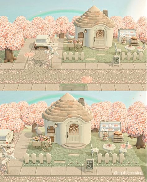 Animal Crossing Aesthetic House, Animal Crossing Pink House Exterior, Animal Crossing Custom Path Codes, Acnh Island Designs Korea, Pink Acnh Island Entrance, Animal Crossing Moodboard, Animal Crossing Pastel Island, Coquette Animal Crossing Island, Animal Crossing Cute Island