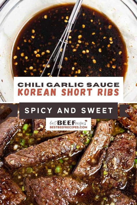 Complete with a sweet and spicy chili garlic sauce marinade, our Korean Beef Short Ribs recipe is irresistible! It takes 15 minutes or less to prep. A perfect, easy dinner recipe! #bestbeefrecipes #beefrecipes #beef #shortribs #beefshortribs #flankenribs #ribsrecipes #ribsrecipe #koreanrecipes #galbijjim #koreanrecipe Korean Boneless Short Ribs Recipe, Sweet And Spicy Short Ribs, Sticky Short Ribs Recipe, Smoked Korean Short Ribs, Korean Bbq Short Ribs Recipes, Short Ribs Recipe Korean Style, Korean Sticky Ribs, Korean Boneless Short Ribs, Asian Short Ribs Recipe