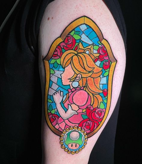 Princess Peach Tattoo, Glass Window Tattoo, Stained Glass Window Tattoo, Aurora Tattoo, Window Tattoo, Peach Tattoo, Stained Glass Tattoo, Glass Tattoo, Stained Glass Window