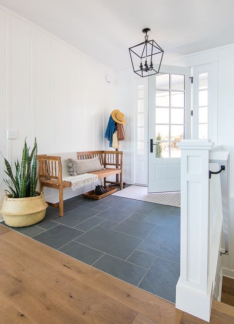 lake house entryway slate floors white board and batten and light wood entry bench Slate Foyer, Foyer Floor, White Board And Batten, Batten Walls, House Entryway, Slate Floors, House Additions, Entryway Tile, Entry Tile