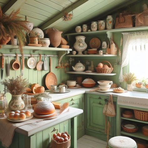 #cozy #green #kitchen #cottage #englishcottage #autumn #baking #bread Green Cottage Kitchen, Green Cookware, Fantasy Kitchen, Vintage Mansion, Mansion Kitchen, Cozy Cottage Kitchen, How To Cook Greens, Country Kitchen Ideas, Green Cottage