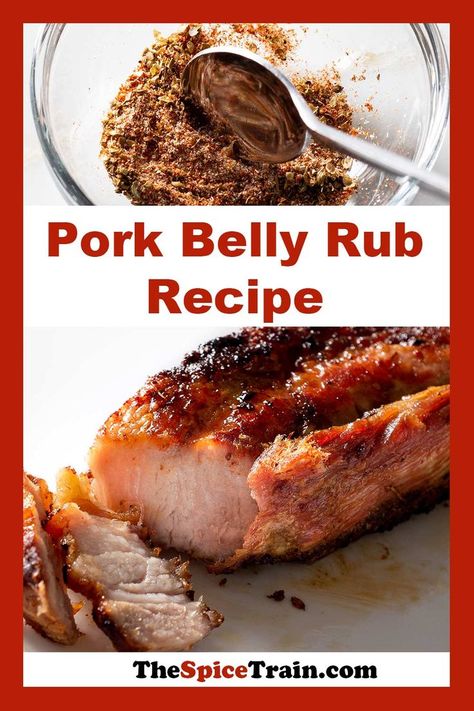 Dry rub being stirred in a bowl and partially sliced roasted pork belly. Pork Belly Rub Recipe, Pork Belly Rub, Pork Belly Slices, Raw Pork, Paprika Pepper, Honey Chipotle, Paprika Pork, Crispy Pork Belly, Barbecue Ribs