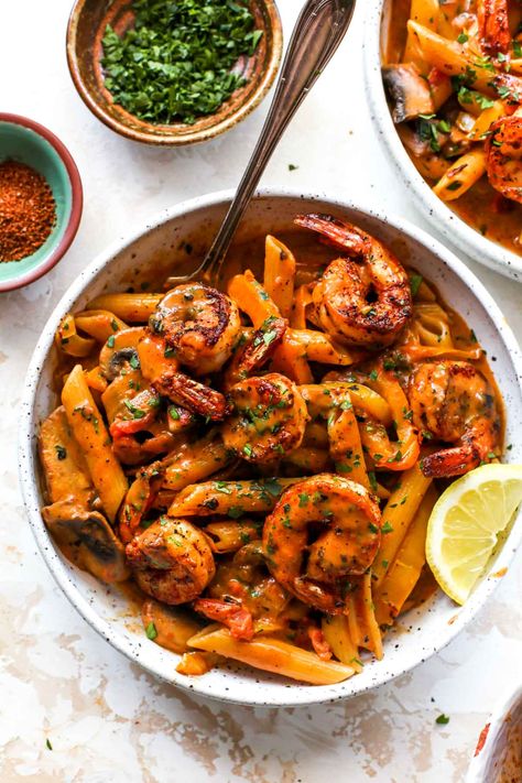 Creamy Cajun Shrimp Pasta - Dishing Out Health Cajun Shrimp Dinner Recipes, Shrimp Rigatoni, Creamy Cajun Shrimp, Shrimp Pasta Dishes, Dishing Out Health, Creamy Cajun Shrimp Pasta, Pasta With Mushrooms, Cajun Shrimp Pasta, Cajun Pasta