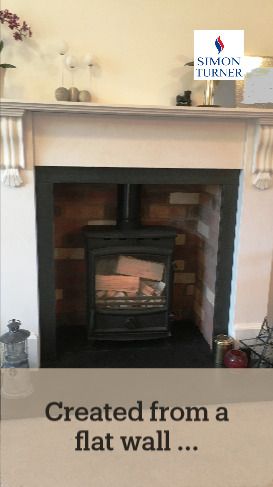 This wood burning stove project was completed in Sidmouth, Devon.  Originally there was a flat wall and a false chimney breast has been created to accommodate the stove and flue. Woodburner Without Chimney, Log Burner Flue Ideas, Wood Burner Flat Wall, Wood Burner On Flat Wall, False Chimney Breast, Wood Burner Fireplace Free Standing, Wood Burner Stove, Stove Paint, Granite Hearth