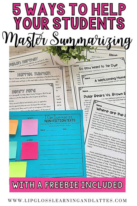 5 ways to help your students master summarizing. Included materials to help with summarizing fiction and non-fiction texts! There are a variety of stories and activities to keep your students engaged while becoming experts at summarizing! Summarize Nonfiction Text, Summarizing Anchor Chart Nonfiction, How To Summarize A Book, Summarize Anchor Chart 4th Grade, Summarize Activities, Summarize Nonfiction, Summarizing Anchor Chart, Teaching Summarizing, Summarizing Fiction