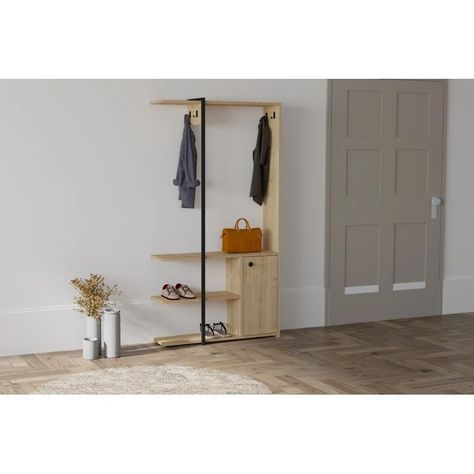 East Urban Home Hall Tree with Shoe Storage - Wayfair Canada Shoe Storage Wood, Tiny Entryway, Industrial Hall, Hall Stand, Entryway Storage, Hall Tree, Bottom Shelf, Mudroom Furniture, Room Organization