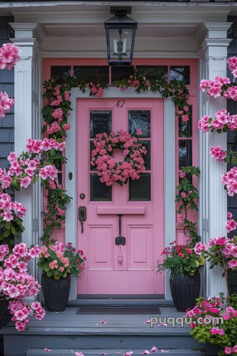 Front Porch Planter Ideas, Front Door With Glass, Porch Planter Ideas, Spring Door Decoration, Pink Front Door, Front Porch Planters, Spring Wreath For Front Door, Floral Door Wreaths, Cottage Wreath