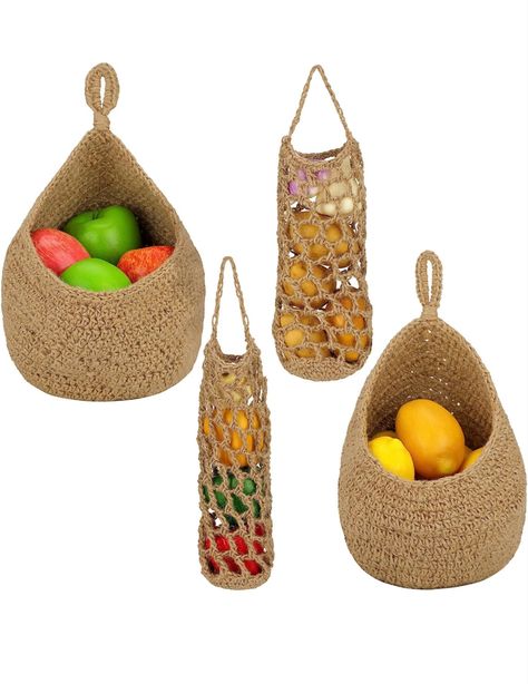 So many ways to use these! I have them in my kitchen 💜 Vegetable Holder, Kitchen Boho, Produce Baskets, Onion Storage, Kitchen Bohemian, Garlic Storage, Hanging Fruit Baskets, Jute Hanging, Jute Basket