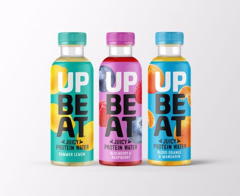 Poet Branding Ltd - Upbeat Juicy Protein Water - World Brand Design Society Drink Bottle Design, Beer Bottle Design, Protein Water, Food Logo Design Inspiration, Water Packaging, Juice Branding, Drinks Packaging Design, Fruit Packaging, Juice Packaging