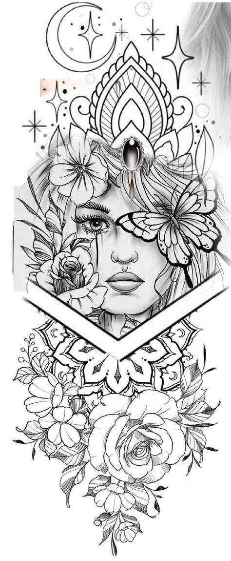 Women Leg Sleeve Tattoo Ideas Color, Lady Face Mandala Tattoo, Leg Sleeve Drawing, Chicana Tattoos For Women Sleeve, Strong Women Tattoos Ideas Inspiration, Half A Sleeve Tattoo For Women, Tattoo Drawings For Women Half Sleeves, Shin Tattoo Design, Shin Tattoos For Women Ideas