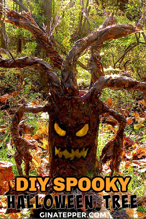 How To Make Spooky Trees For Halloween, Halloween Tree Diy How To Make, Tree Stump Halloween Ideas, Diy Spooky Tree Outdoor, Scary Trees Halloween, Diy Halloween Trees Ideas, Spooky Trees For Halloween, Diy Spooky Tree, Spooky Halloween Tree