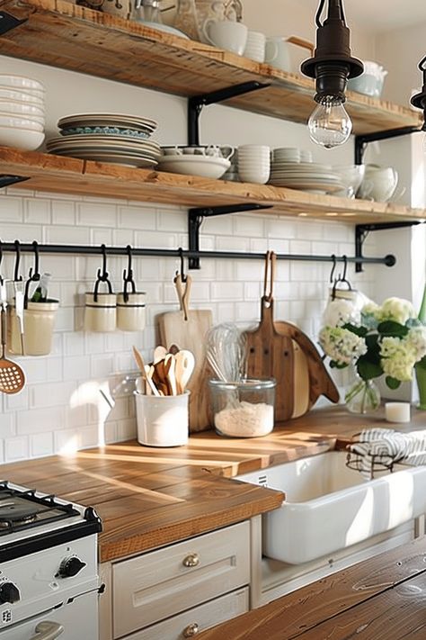 Tiny Kitchen Shelf Ideas, Small Open Shelving Kitchen, Kitchen Design Shelves, Open Air Kitchen Shelves, Tiny Home Kitchen Ideas Farmhouse, Large Open Shelving Kitchen, Kitchen Floating Shelf Ideas, Kitchens With Shelves, Kitchen Shelving Decor Ideas