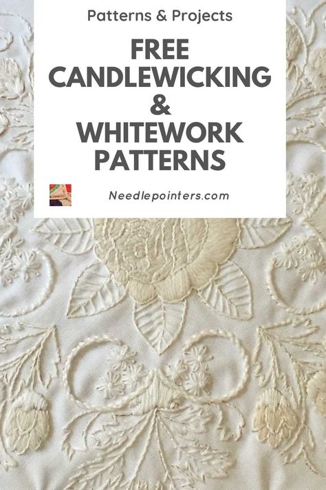 Free Projects and Patterns for Candlewicking & Whitework | Needlepointers.com Candle Wicking Embroidery Candlewicking Patterns Free Images, Candlewicking Patterns Free Design, Whitework Embroidery Tutorial, Candle Wicking Patterns, Candle Wicking Embroidery, Beehive Embroidery, Candlewicking Patterns Free, Hand Embroidery Designs Free, Blanket Embroidery Design