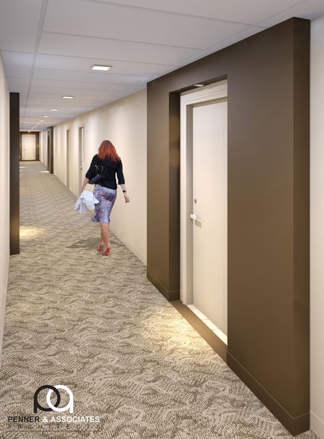 This project aimed to renovate the outdated interior hallways and lobbies of a high-end condominium in Pittsburgh. New carpet, ceiling tile, lighting, and finishes update the public space to create an elegant modern design. Our design divided the long space into different zones to break up the lengthy monotony. We finished the two elevator lobbies with stone tile and wood ceiling tiles to differentiate them from the rest of the hall. Each apartment's main door is empasized by a painted door surr Condo Hallway Aesthetic, Elevator Aesthetic, Carpet Ceiling, Apartment Corridor, Condo Lobby, Lobby Designs, Double Door Entryway, Hallway Paint, Elevator Lobby