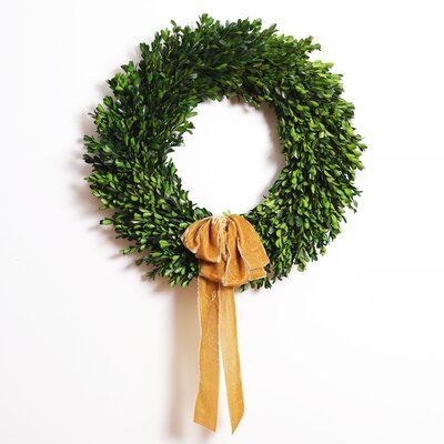 Our handmade wreaths are the perfect statement piece for the front door, wall, or above the mantle in your home. Our wreaths also make an excellent gift that can be enjoyed for years to come! Wreath Color: Golden | Primrue Preserved Boxwood w/ Ribbon 22" Greenery Wreath Greenery in Yellow, Size 22.0 H x 22.0 W x 4.0 D in | Wayfair Garage Door Wreath, Boxwood Wreath With Ribbon, Thanksgiving Wreaths For Front Door, Holiday Front Door, Wreath Greenery, Preserved Boxwood, Indoor Wreath, Pocket Vase, Magnolia Wreath