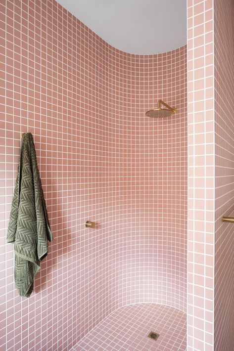 Pink Stone Countertops, Pink Mosaic Tiles Bathroom, Terrazzo Pink, Rainbow Tile, Pink Mosaic, Bathroom Niche, Pink Terrazzo, Mosaic Bathroom Tile, Built In Bath