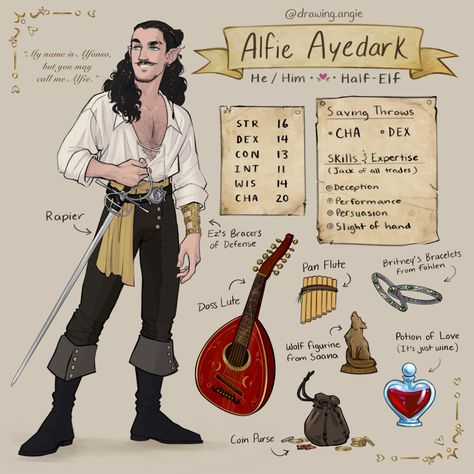 D D Character Sheet, Half Elf Bard, Dnd Bard, Pan Flute, Half Elf, Character Sheet, Dnd Characters, Character Inspiration, Elf