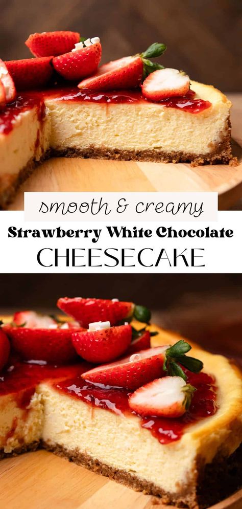 This strawberry white chocolate cheesecake is a creamy baked white chocolate cheesecake with strawberry jam on top. The cheesecake has a buttery graham cracker crust and fresh strawberries piled on top! It's packed with flavor and is definitely a crowd-pleaser. Cheesecake Cones, Baked White Chocolate Cheesecake, Chocolate Strawberry Cheesecake, Strawberry White Chocolate, Strawberry Cheesecake Recipe, White Chocolate Strawberries, White Chocolate Cheesecake, Gluten Free Cheesecake, White Chocolate Bar