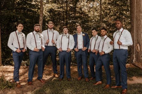 Mens Farmhouse Wedding Attire, Suspenders Wedding Jeans, Suspenders And Jeans Wedding, Wedding Party Suspenders, Groomsmen Suspenders And Bowties, Groomsmen Attire Navy Blue, Men Wedding Suspenders, Brown Leather Suspenders Wedding, Suspenders Men Wedding