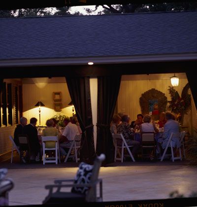 Party in the Garage   Yet another reason to clean out your garage. Convert the space into an elegant dinner party dining area by moving cars out to the street, hanging fabric panels in the garage doorways, and arranging tables and chairs. Bringing in lamps for warm light, and accent the space with a few potted plants, and a piece of serving furniture. Safari Party Ideas, Garage Party, Wedding Space, Graduation Open Houses, Elegant Dinner Party, Hanging Fabric, Party Scene, Elegant Dinner, Real Simple