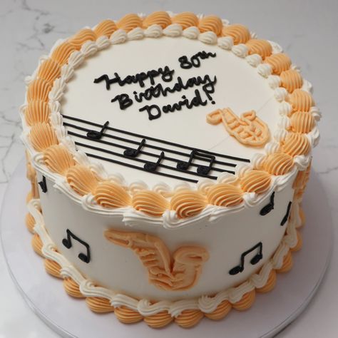 🎷🎼🎵💛 - Cake Details - Size: Standard 7” (two layers) #saxophone #saxophonecake #cake #seattle #custom #customcakes #seattlecakes #emmacakes #emmacakesseattle #vintagecakes Happy 80th Birthday, Vintage Cake, 80th Birthday, Custom Cakes, Seattle, Cake, Birthday