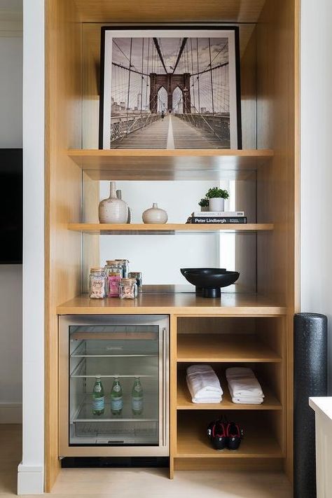 Home Gym with Mini Glass Door Beverage Fridge - Transitional - Den/library/office Office Mini Fridge, Home Gym Design Ideas, Gym Design Ideas, Den Library, Library Office, Beverage Fridge, Home Gym Design, Gym Design, Transitional Kitchen