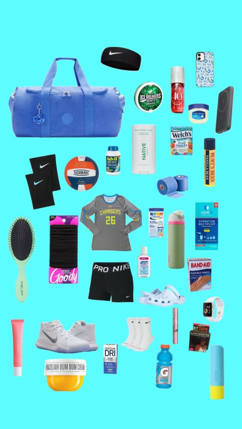 VOLLEYBALL BAG!!!!🏐🎀 Stuff To Put In Your Volleyball Bag, Volleyball Bags Ideas, Volleyball Bag Essentials List, Volleyball Bag Tags, Track Bag, Running Fits, Volleyball Things, Softball Bag, Softball Bags