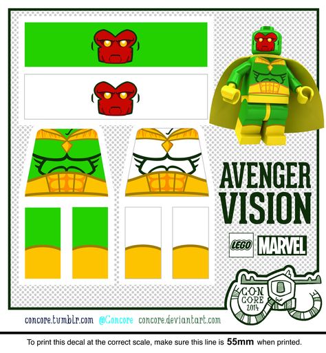 https://flic.kr/p/oT15qk | MARVEL's Vision - Custom LEGO Minifigure Decal CYMK | Sentient Cyborg and Avengers member VISION  Want to see the is decal is action? CLICK HERE!  CLICK HERE to see decals and LEGO renders of other MARVEL characters! Lego Decals, Lego Stickers, Marvel Vision, Lego Land, Lego Diy, Lego Custom Minifigures, Lego Minifigure, Custom Lego, Lego Marvel